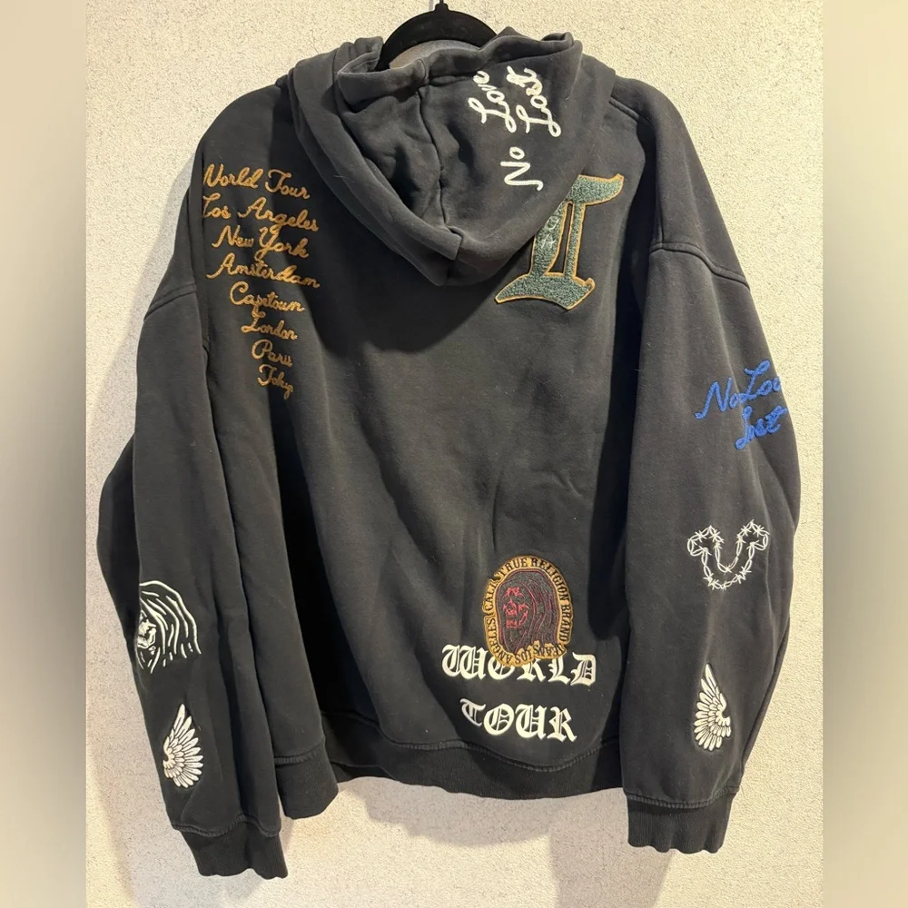 True Religion Black Hoodie with Colorful Patches